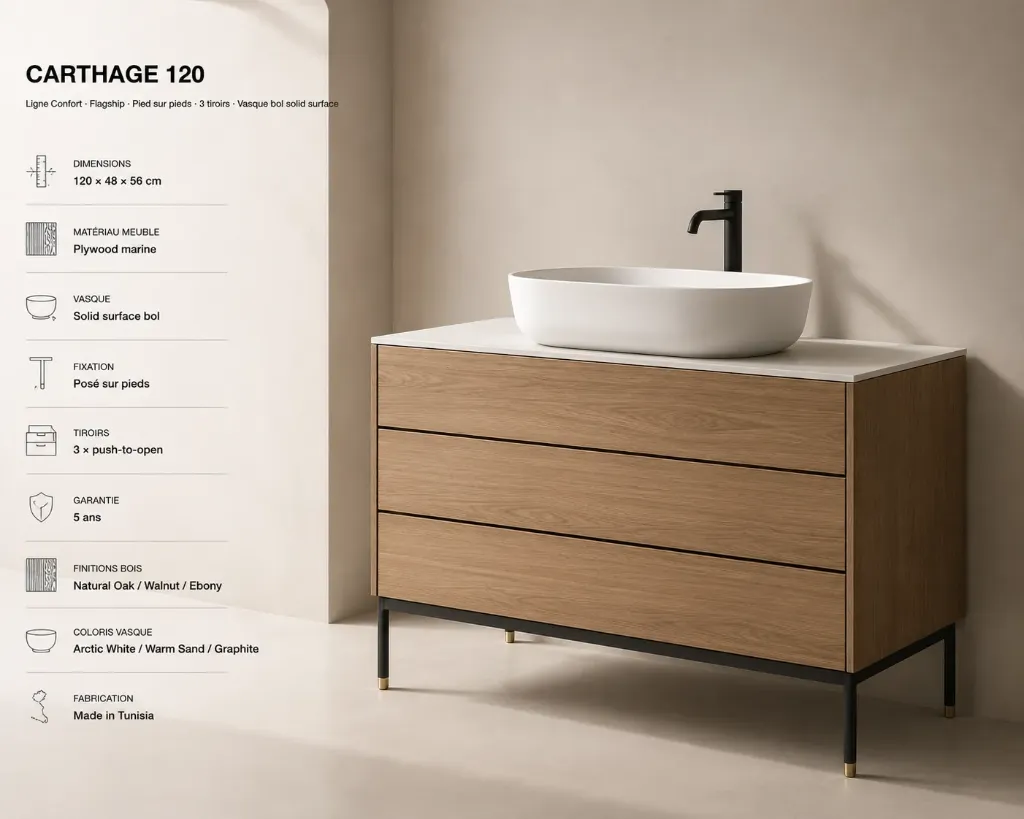 [BAR-C120] BARARUS CARTHAGE 120 — Meuble vasque en plywood & solid surface